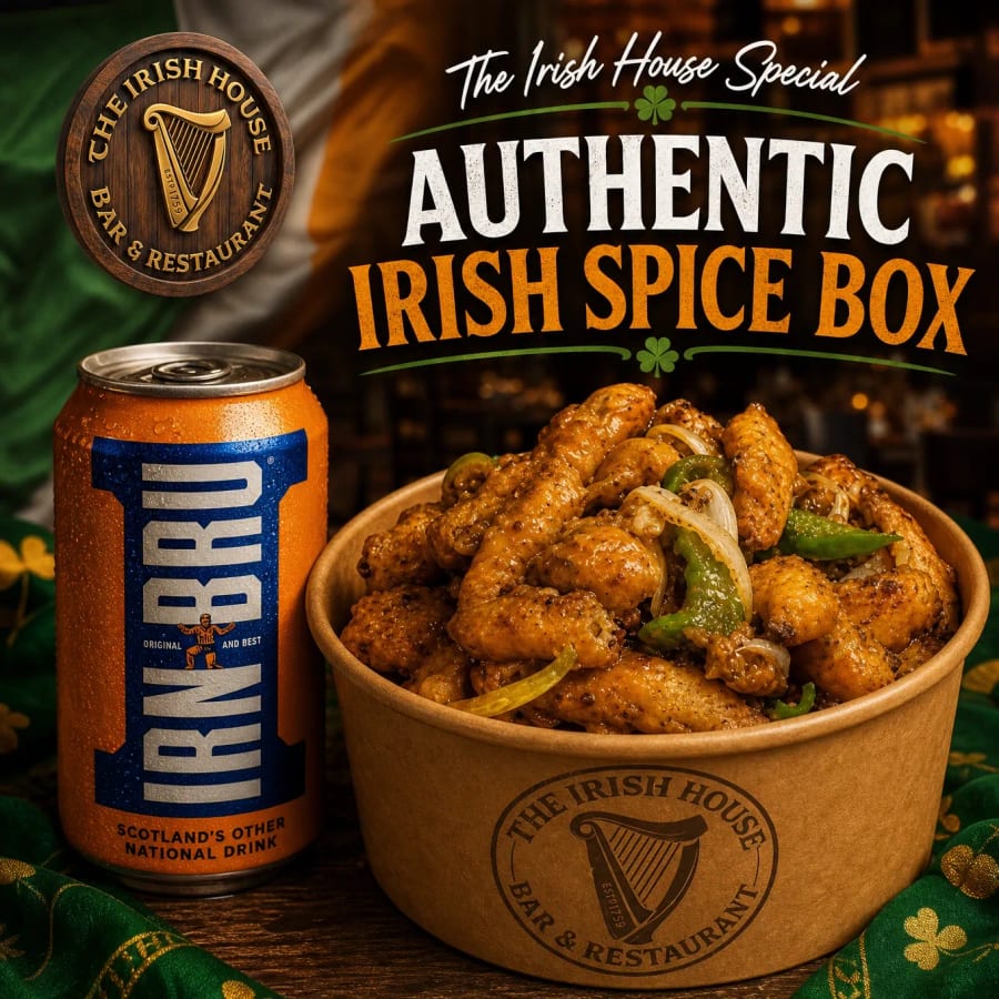 The Irish House Authentic Irish Spice Box with a can of Irn-Bru