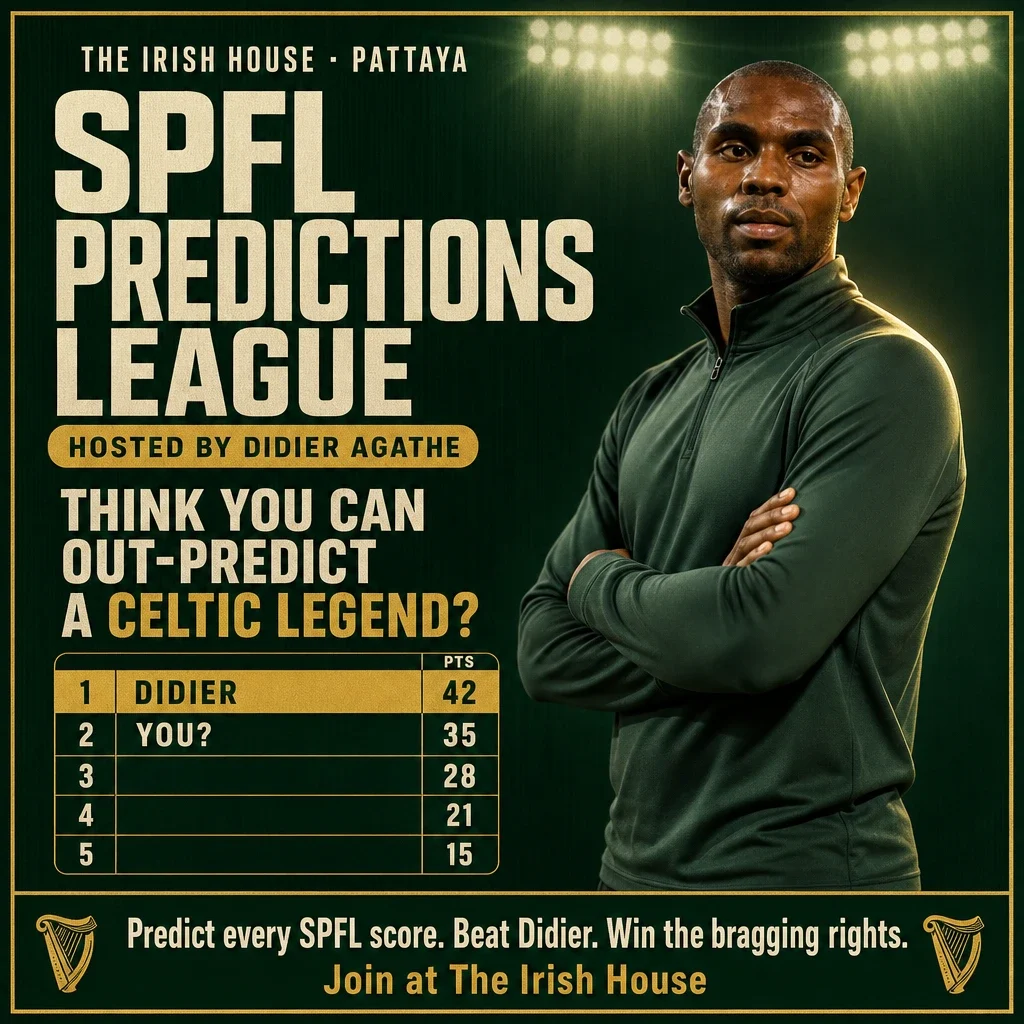 SPFL Predictions League at The Irish House, hosted by Didier Agathe — think you can out-predict a Celtic legend?